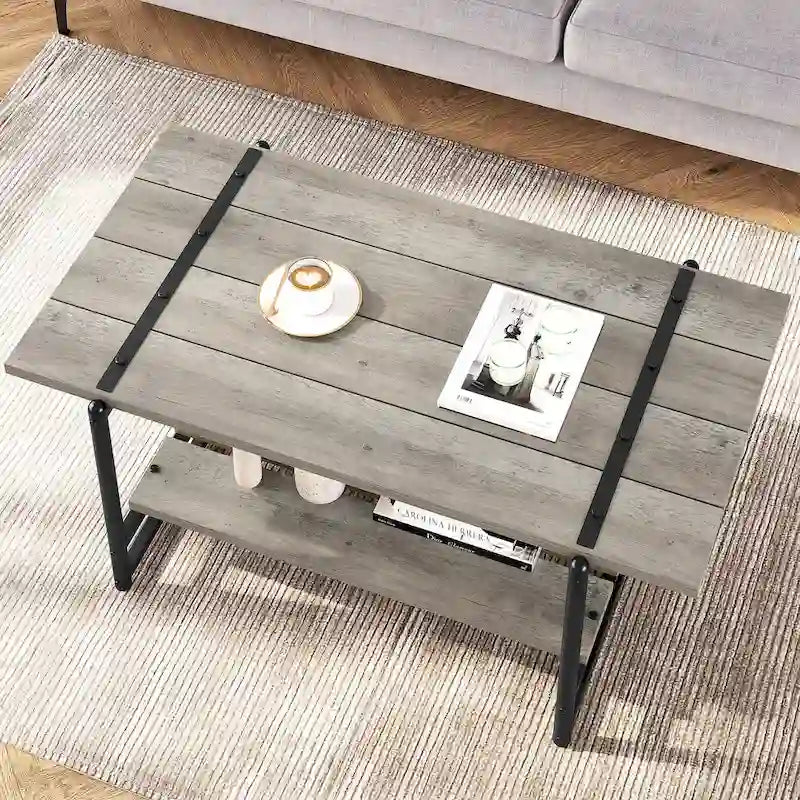 Großer industrieller Couchtisch aus Holz mit 2 Ebenen und Ablageregal, 41