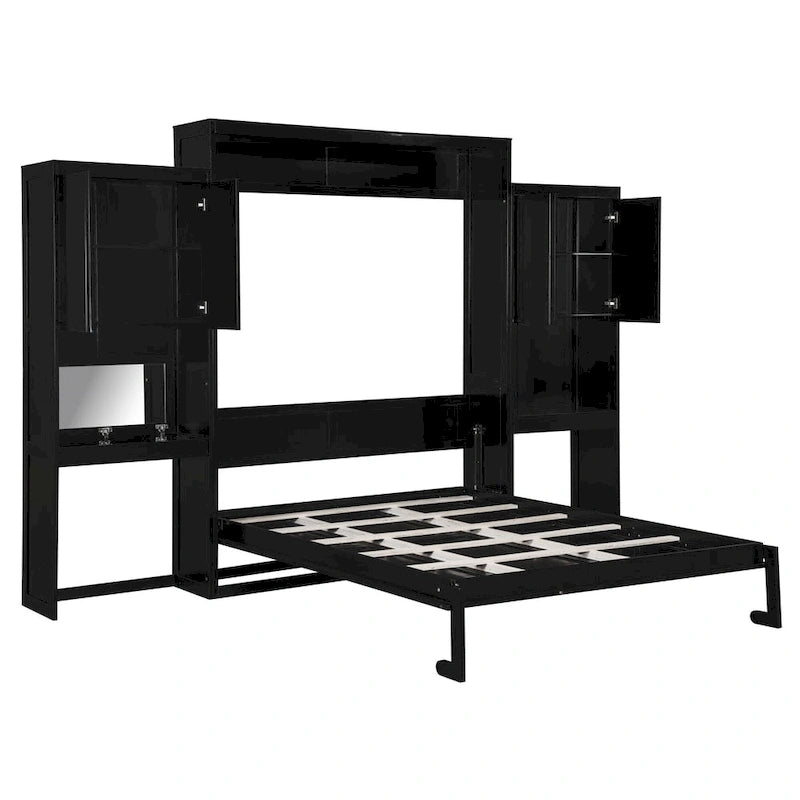 Queen Size Murphy Bed with Desk, Vanity and Cabinets, Espresso