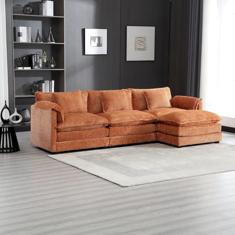 Oranges 112.2 L-förmiges 4-Sitzer-Ecksofa aus modernem Bouclé-Stoff mit abnehmbaren Kissen und abnehmbaren Armlehnen
