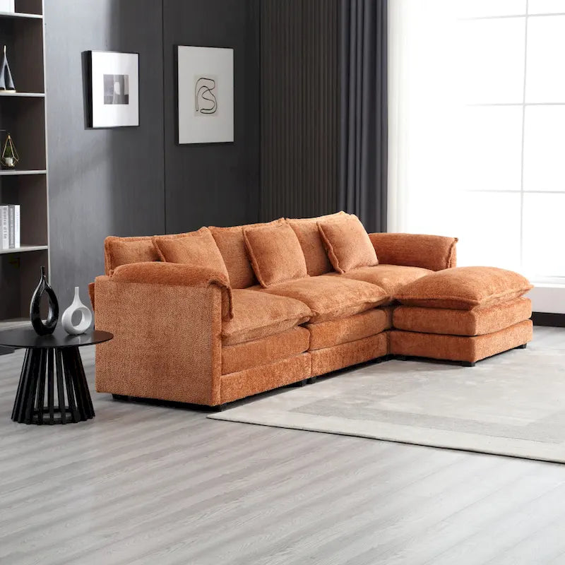 Oranges 112.2 L-förmiges 4-Sitzer-Ecksofa aus modernem Bouclé-Stoff mit abnehmbaren Kissen und abnehmbaren Armlehnen