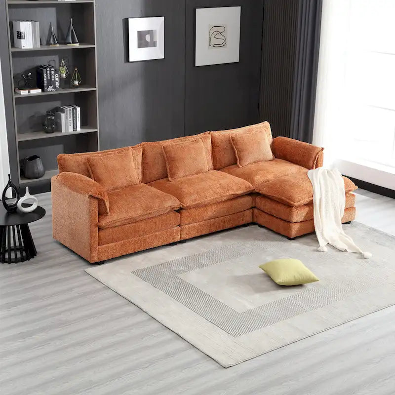 Oranges 112.2 L-förmiges 4-Sitzer-Ecksofa aus modernem Bouclé-Stoff mit abnehmbaren Kissen und abnehmbaren Armlehnen