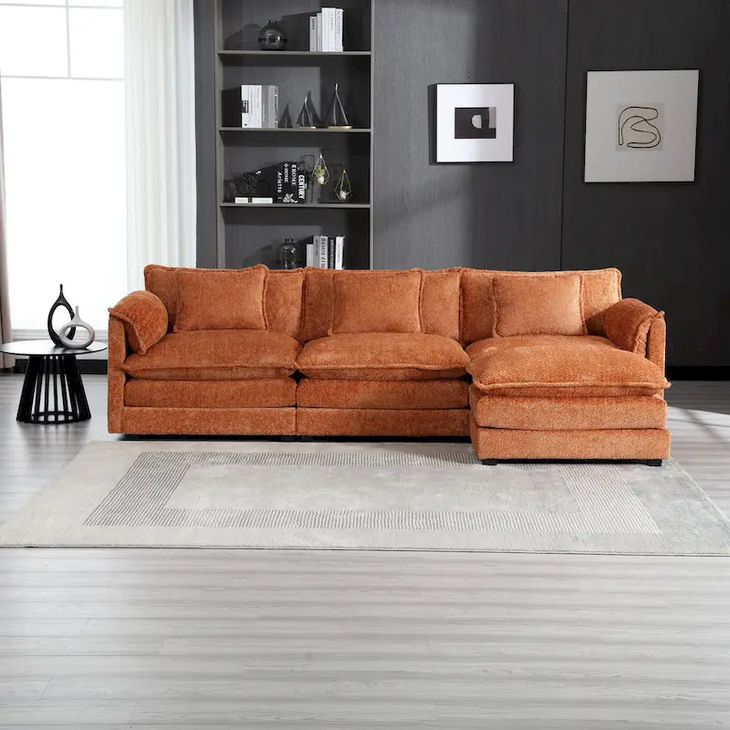Oranges 112.2 L-förmiges 4-Sitzer-Ecksofa aus modernem Bouclé-Stoff mit abnehmbaren Kissen und abnehmbaren Armlehnen