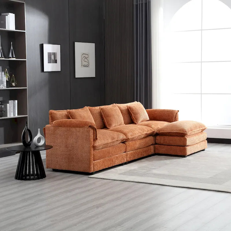 Oranges 112.2 L-förmiges 4-Sitzer-Ecksofa aus modernem Bouclé-Stoff mit abnehmbaren Kissen und abnehmbaren Armlehnen