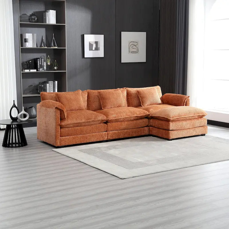 Oranges 112.2 L-förmiges 4-Sitzer-Ecksofa aus modernem Bouclé-Stoff mit abnehmbaren Kissen und abnehmbaren Armlehnen