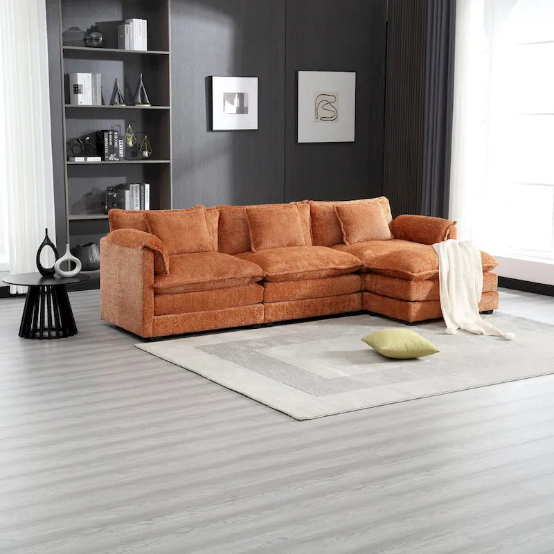 Oranges 112.2 L-förmiges 4-Sitzer-Ecksofa aus modernem Bouclé-Stoff mit abnehmbaren Kissen und abnehmbaren Armlehnen