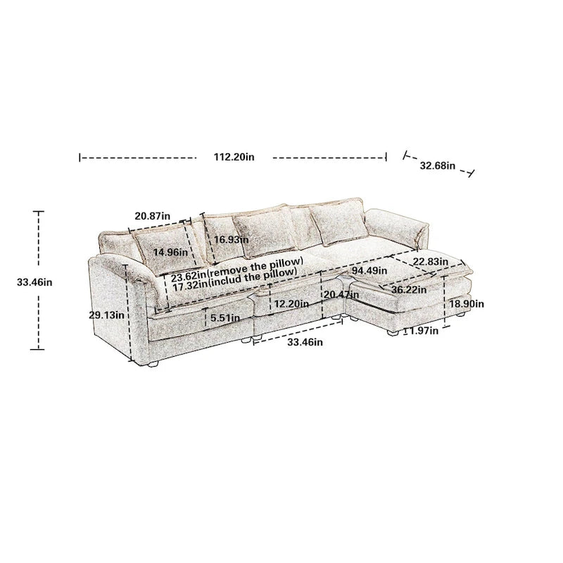 Oranges 112.2 L-förmiges 4-Sitzer-Ecksofa aus modernem Bouclé-Stoff mit abnehmbaren Kissen und abnehmbaren Armlehnen