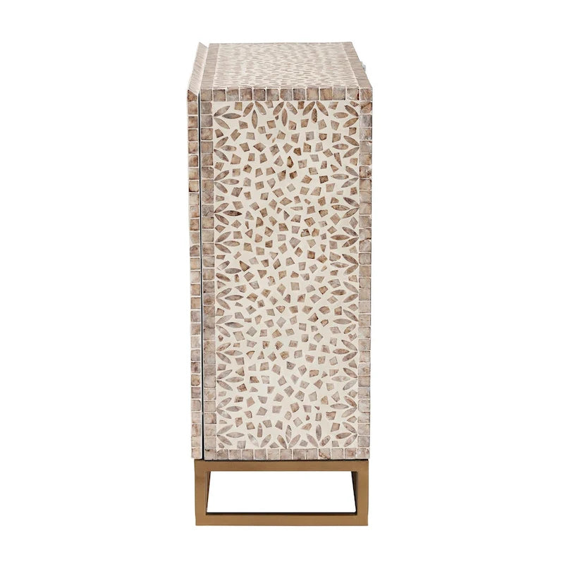 Modern Bohemian White and Rustic Brown Mother of Pearl Storage Cabinet