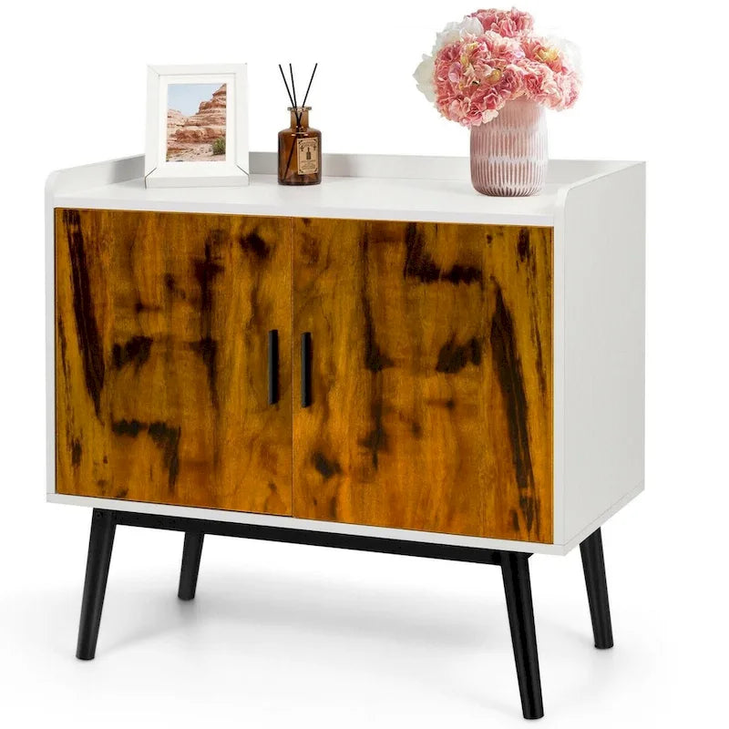 Dřevěná úložná skříňka ve stylu mid-century se 2 dvířky a kovovými nohami do předsíně - 32 x 15 x 29 (D x Š x V)