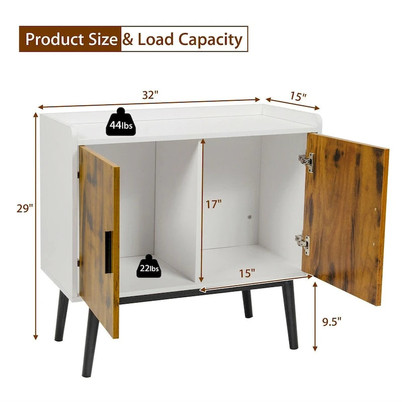 Dřevěná úložná skříňka ve stylu mid-century se 2 dvířky a kovovými nohami do předsíně - 32 x 15 x 29 (D x Š x V)