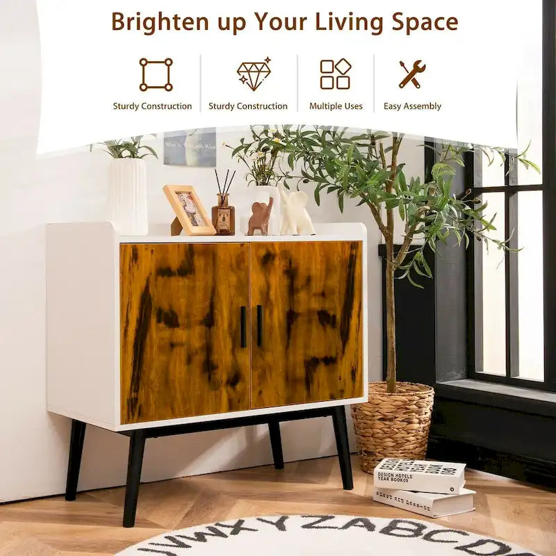 Holz-Stauraumschrank im Mid-Century-Stil mit 2 Türen und Metallbeinen für den Eingangsbereich - 32 x 15 x 29 (L x W x H)