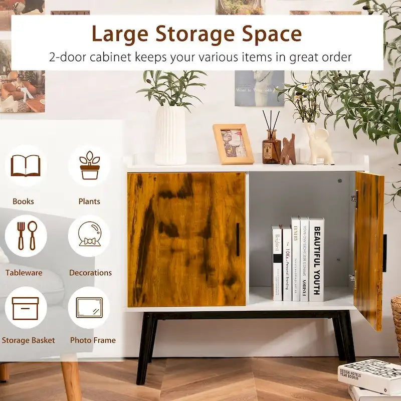 Holz-Stauraumschrank im Mid-Century-Stil mit 2 Türen und Metallbeinen für den Eingangsbereich - 32 x 15 x 29 (L x W x H)