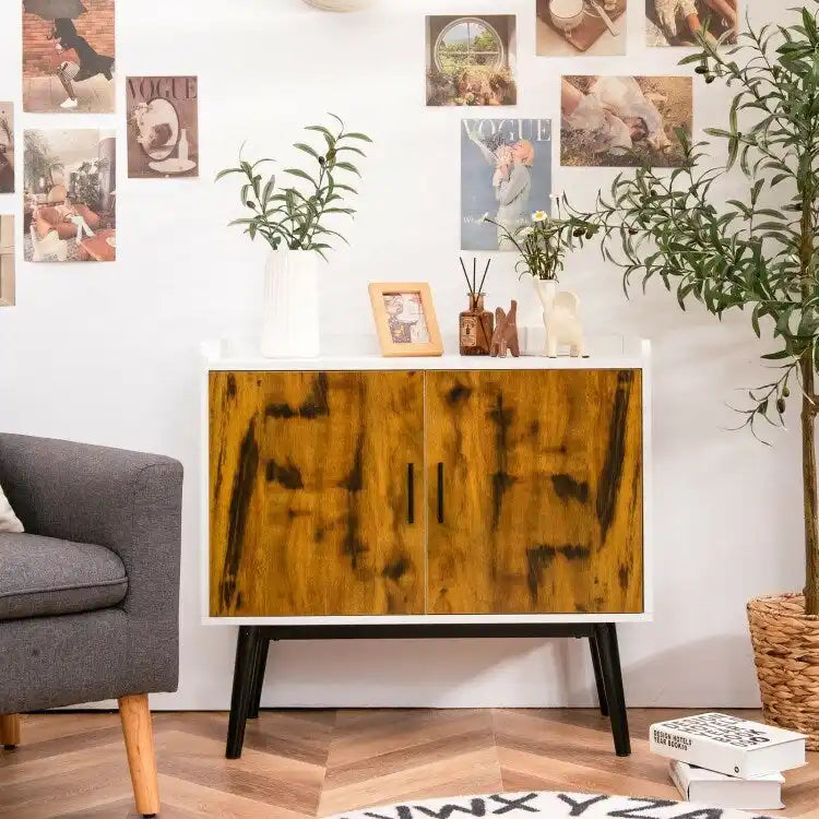 Holz-Stauraumschrank im Mid-Century-Stil mit 2 Türen und Metallbeinen für den Eingangsbereich - 32 x 15 x 29 (L x W x H)