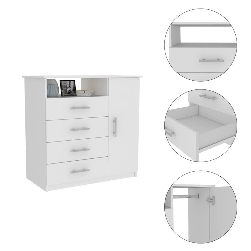 Kommode mit 4 Schubladen, Schrank mit einer Tür, einem offenen Fach und hochwertiger Oberseite